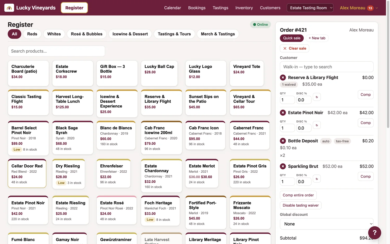 The SipsPOS register — a tap-to-add wine grid with a live cart, tips and tax broken out