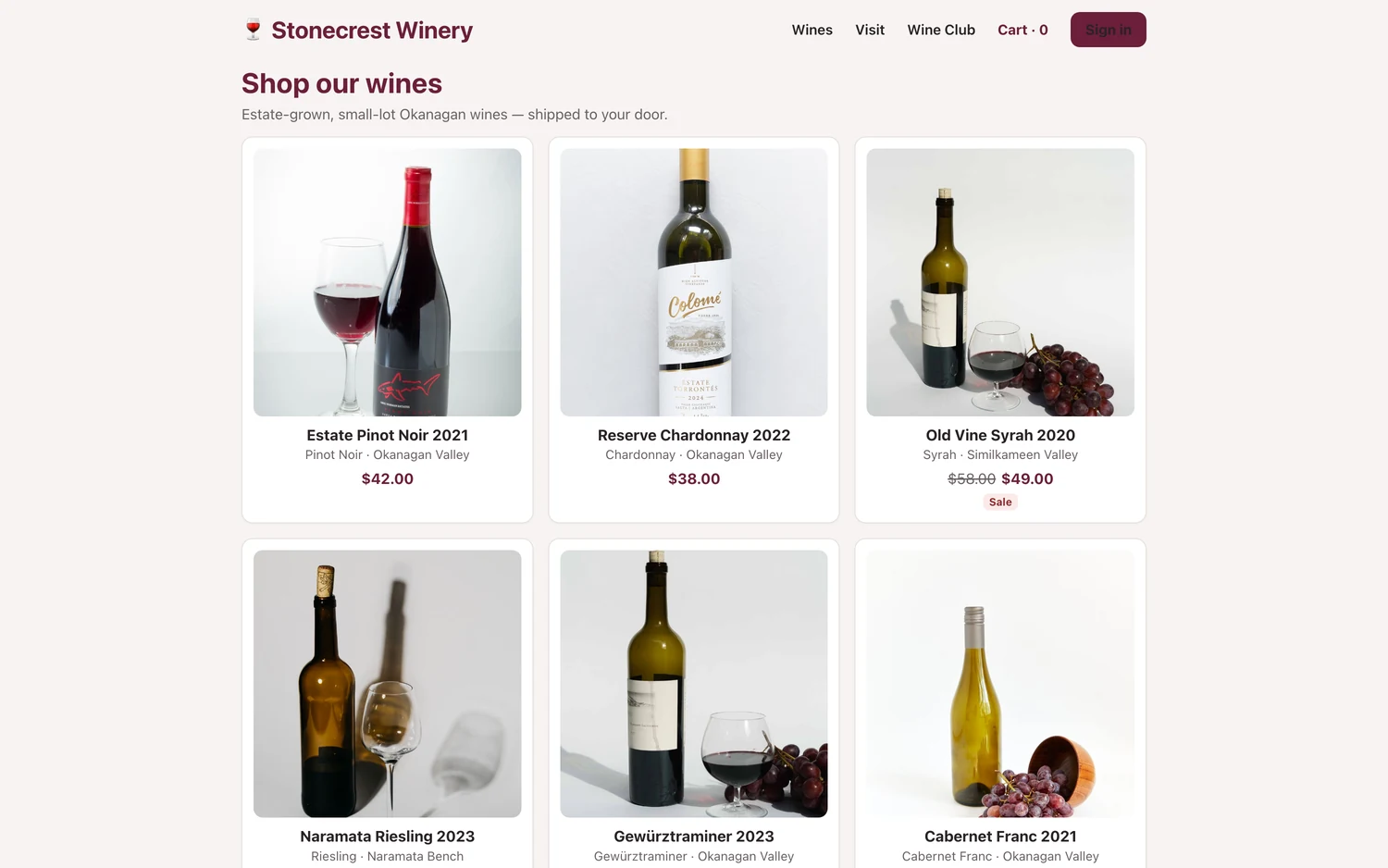 A branded SipsPOS online shop showing estate wines with bottle art and prices